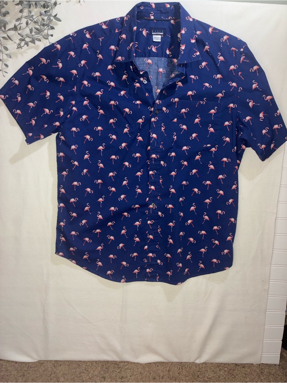 Basic Editions Navy Short-Sleeve Button-Up Shirt with Pink Flamingo Print
